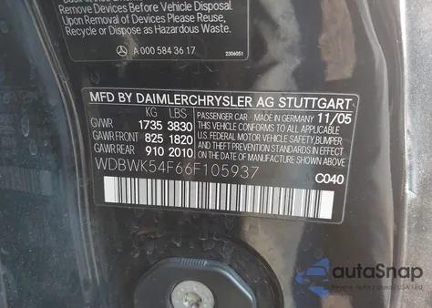 2006 Mercedes-Benz Slk 280 from USA, damaged, VIN WDBWK54F66F105937